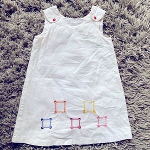 Charming White Linen Kids sleeveless Shift Dress w/ Colorful embroidered squares
